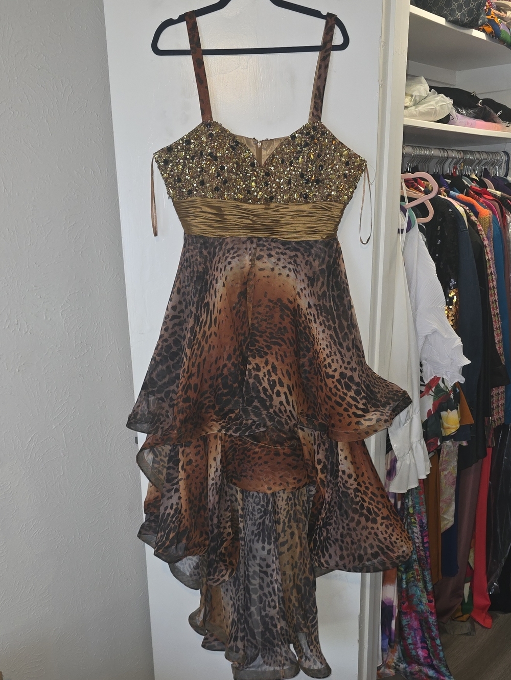 Sequin Bodice Leopard-Print High-Low Dress in Gold/Brown